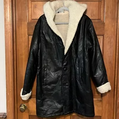 Vintage Flight Path Sherpa Lined Hooded Black Leather Coat Mens XL • $50