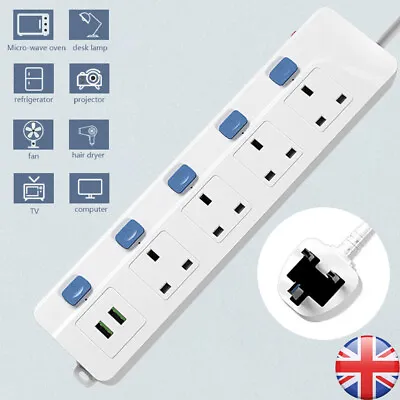 4 WAY Extension Lead With USB Individual Switches Power Strips 2m Long Cable UK • £12.27