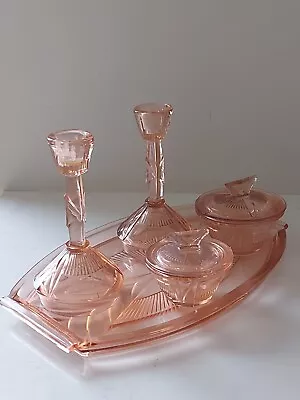 1930s Pink Glass Dressing Table Set Walther Sohne Candlesticks Trinket Pots • £48