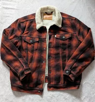 LEVI LEVIS Red Wool CHECK Trucker Sherpa JACKET COAT L • £69.99