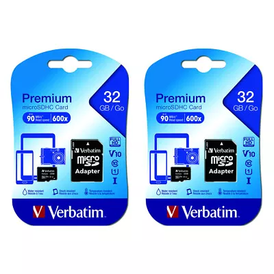 2PK Verbatim 32GB Micro SDHC Media Storage Memory Card W/SD Adaptor Class 10 • $32