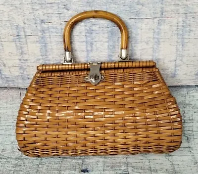Vintage Mid Century Wicker Handbag Wood Handle Made In British Hong Kong - Good • $59.99