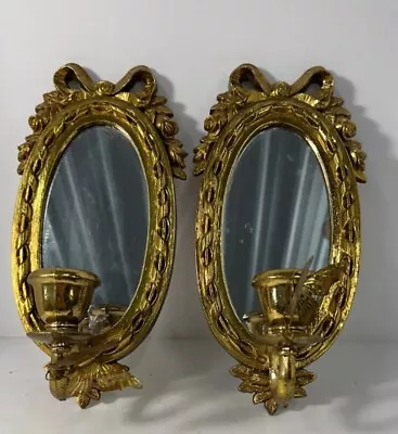 Pair Of Vintage Gold Home Interiors Mirrored Wall Sconce Candle Holder Bows • $36