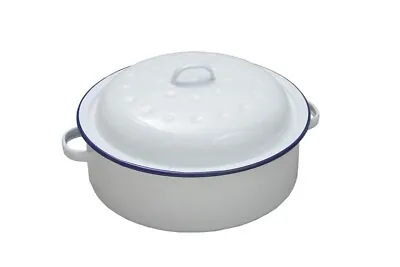 Falcon Round Enamel Dish Roasting Oven Casserole Pan White/blue Trim Inc Lid • £15.50