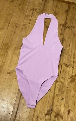 £25 • Buy Zara Lilac Cotton Blend Halter Neck Plunge Bodysuit L NWOT