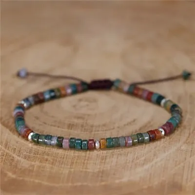 Indian Agate Gemstone Small Beads Minimalist Dainty Healing Women Men Bracelet • $12.60