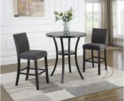 Grey 3-Piece 36 In Round Espresso Pub Table With 2 Bar Stools Dining Chairs Set • $355.84