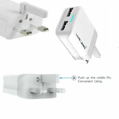 UK Mains 3 Pin Plug Adapter Wall Charger With 2 USB Ports For Phones Tablets CE • £4.19