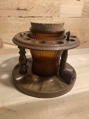 Vintage Amber Duraglass Tobacco Jar With Walnut Made 10 Pipe Stand • $105