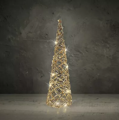 LED Light Up Christmas Tree Cone Pyramids Glitter Fairy Lights Gold Pearls 40 Cm • £7.99