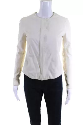 Vince Womens Leather Fabric Zippered Round Neck Motorcycle Jacket Cream Size XS • $40.81