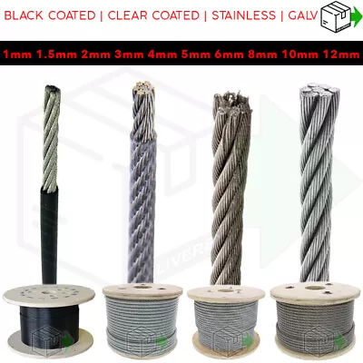  Stainless Clear Black Coated Galvanised Steel Wire Rope Lifting Metal Cable • £1.25