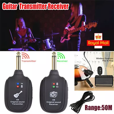 Wireless UHF Guitar System Transmitter & Receiver Rechargeable Battery 50M Range • £14.49