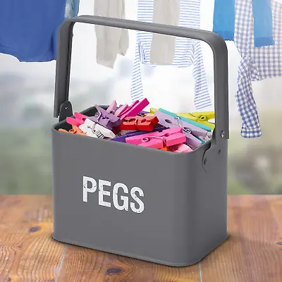 Peg Storage Tin Box Handle Clothes Laundry Washing Kitchen Container Metal Grey • £9.99