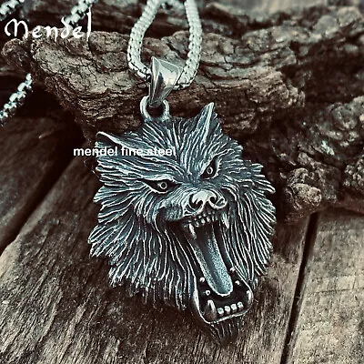 MENDEL Mens Stainless Steel Viking Fenrir Wolf Head Pendant Necklace Men Silver • $12.99