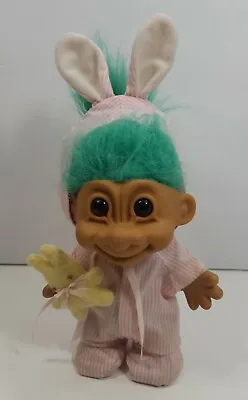 Vintage Troll With Striped Outfit Bunny Ears And Toy Rabbit Aqua Hair 8 Inches  • $37.53