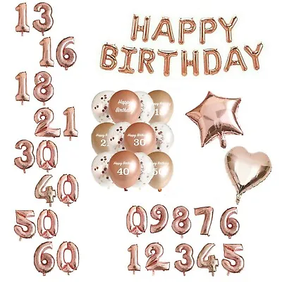 Rose Gold Happy Birthday Foil Balloons Numbers Decorations Banner Bunting Any • £1.99