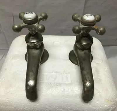 Antique Pair Nickel Brass Separate Hot Cold Republic Sink Faucets VTG 636-23B • $99