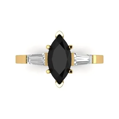 2.0 Marquise 3 Stone Real Onyx Promise Bridal Wedding Ring Solid 14k Yellow Gold • £296.59