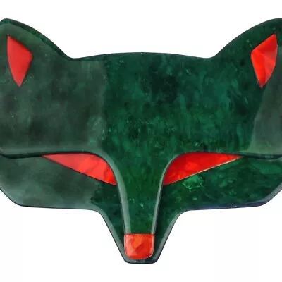 LEA STEIN Brooch Fox Wolf Head In Marbled Green And Red Acetate Paris France • $95