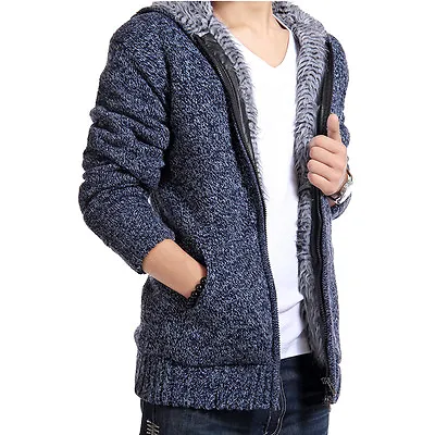 Men's Wool Fur Lining Hooded Cardigan Sweater Knitted Jacket Coat Hoodies • $49.10