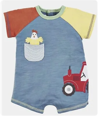 Mud Pie Baby Boys Blue Tractor Shortall Romper One Piece Size 9-12 Months • $28