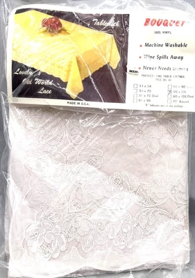 $25 • Buy Vintage Floral Lovely Old World Lace Vinyl Tablecloth Bouquet 60 X 108 Made USA
