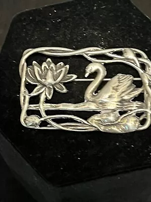 Vintage Sterling Silver Brooch Pin Swan & Lotus Blossom Lily Pad Art Nouveau • $34.95