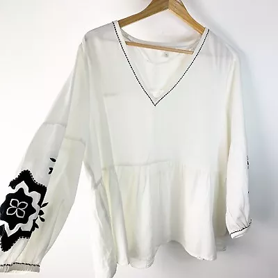 Marks & Spencer Per Una Blouse Top UK 18 Ivory W/ Black Embroidery Applique • £16.20