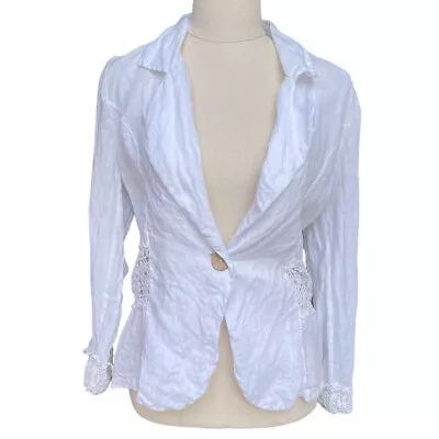 Caroline Morgan Sz 8 White Linen Single She’ll Button Lace Detail Fitted Jacket • $19.99