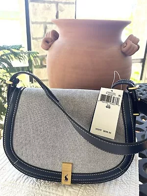 NWT $698 POLO RALPH LAUREN WOMEN'S BAG POLO ID Navy LEATHER LINEN CROSSBODY • $275