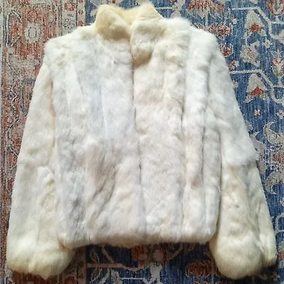 Fleet Street France 100% Real Rabbit Fur Coat Satin Lining Vintage White Cream S • $125