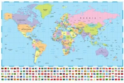 $12.72 • Buy WORLD MAP POSTER - Large 910 X 610 Mm With Countries Oceans And Flags Coloured