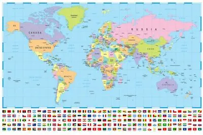 WORLD MAP POSTER - Large 910 X 610 Mm With Countries Oceans And Flags Coloured • $12.72