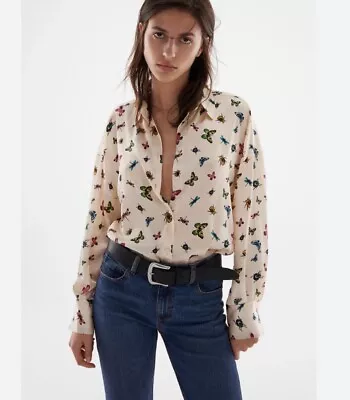 ZARA Size XS Butterfly Print Oversized Satin Longline Blouse Shirt Top Women’s • $29.95