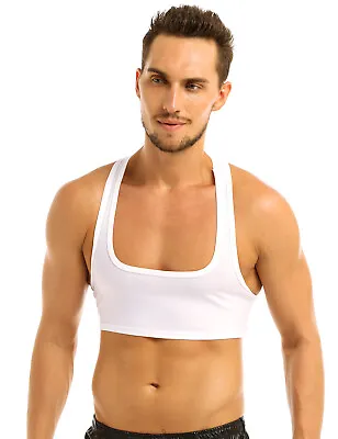 Mens Y Back Sleeveless Muscle Half Tank Top Vest Tee T-shirts Clubwear Crop Tops • £4.74