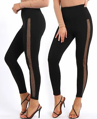 Womens Stretch Leggings Lace Side High Waist Pants Size 8 10 12 14 6 • £9.95