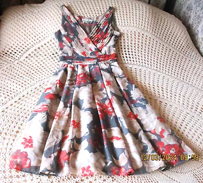 Mushroom Grey Deep Coral Orange Floral Party Dress By LAURA ASHLEY Size 8 • $21.12