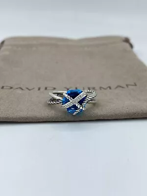 David Yurman Sterling Silver Cable Wrap Blue Topaz And Diamond Ring Size 7 • $270