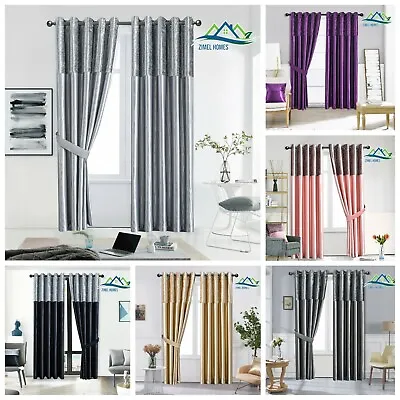 Crushed Velvet Band Curtains PAIR Eyelet Faux Silk Fully Lined Ring Top UK Sizes • £12.99