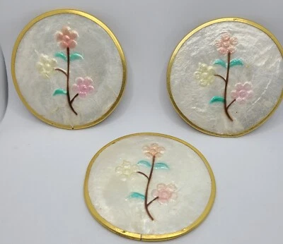 $8 • Buy Vintage Mother Of Pearl Capiz Shell 3 Coaster Set With Cork Backs Golden Rim 