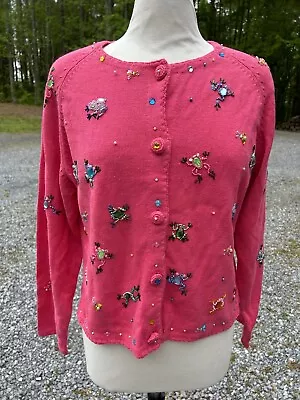 Michael Simon Cardigan Sweater Large Frogs 1990 Pink • $50