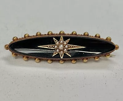 Antique Victorian 15ct Gold Mourning Locket Brooch 7.48gm Seed Pearls & Onyx  • £31