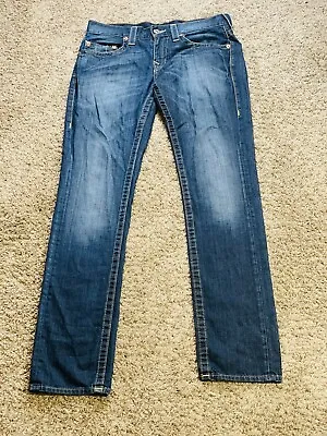 True Religion Jeans 30 Blue Mens Mid Rise Stretch Slim Om Wheat Straight Denim • $40