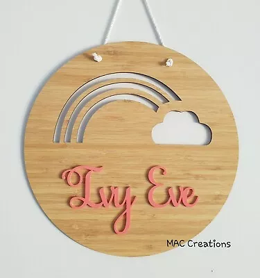 Personalised Wooden Name Wall Door Plaque Sign Nursery Baby Girl Round Rainbow • $45