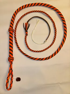 Bull Whip - Orange & Brown Paracord Nylon On Leather 16 Ply - 8ft Handmade • $87.99