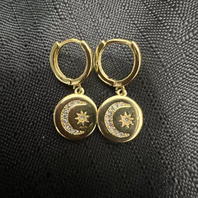 $8.99 • Buy 14k Gold Plated Dangle Huggie Earrings Star And Moon