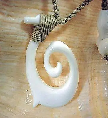 24mm Carved Water Buffalo Bone Maori Hei Matau Koru Fish Hook Pendant 27  Adjust • $15.75