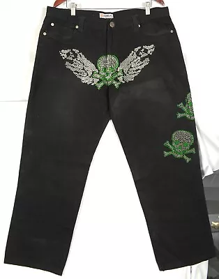 MISKEEN Originals Men's Rhinestone Studded SKULL & WINGS Black Denim Jeans 38x32 • $48.95