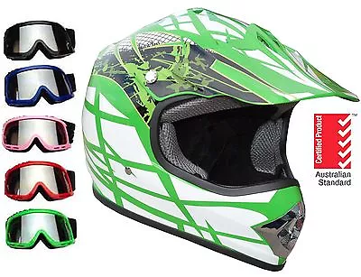 Kids Dirt Bike Helmet GREEN With Goggles Youth Child Motocross Quad ATV PEEWEE • $89.95